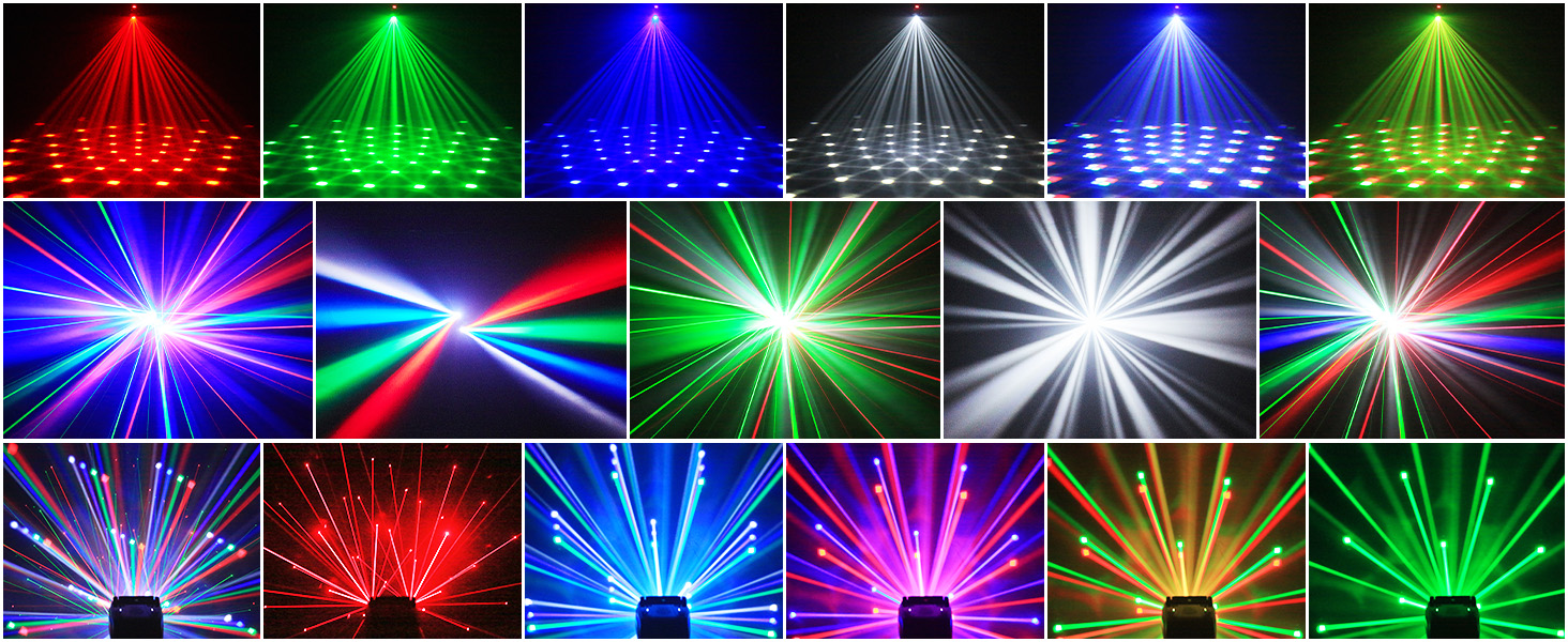 Grid display of laser light effects in various colors including red, green, blue, white, and gold, showing different beam patterns and configurations.