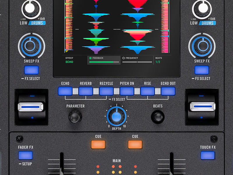 Professional DJ mixing controller interface with LED displays, multiple faders, knobs, and buttons. Features blue illuminated controls and digital readouts.