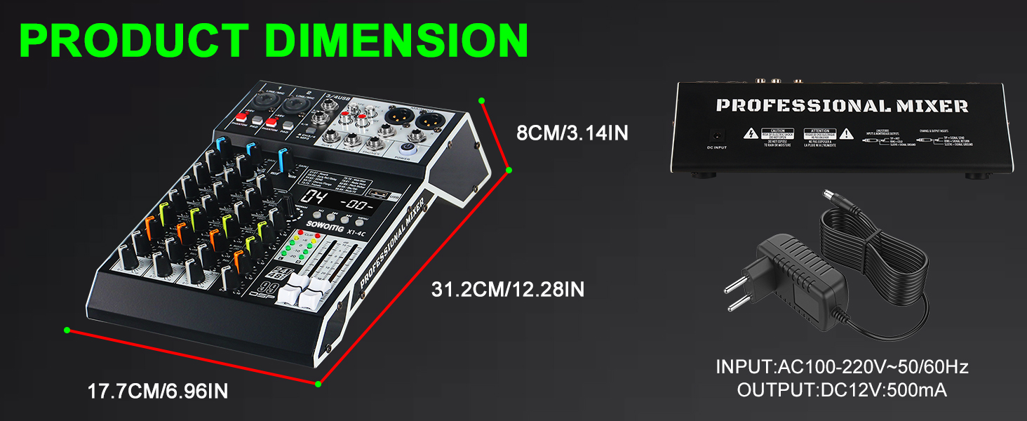 Text reads: 'PRODUCT DIMENSION', 'PROFESSIONAL MIXER', 'INPUT AC100-220V~50/60Hz', 'OUTPUT DC12V-500mA'. Technical diagram showing mixer dimensions: BCM/3.14IN, 31.2CM/12.28IN, 17.7CM/5.96IN.