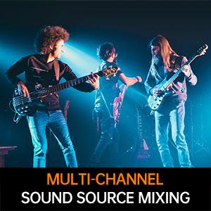 Three musicians playing electric guitars on a stage with blue lighting. Text overlay reads 'Multi-Channel Sound Source Mixing'.