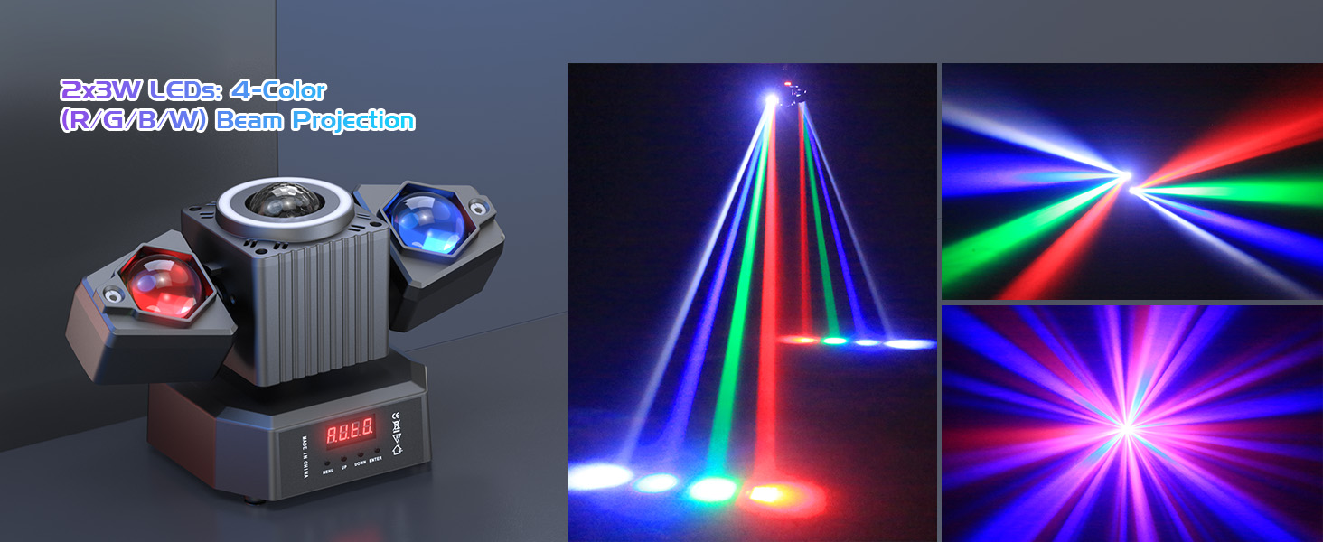 Series of images showing multicolored laser light effects and beams in various patterns - including starburst, linear, and rotating displays against dark backgrounds.