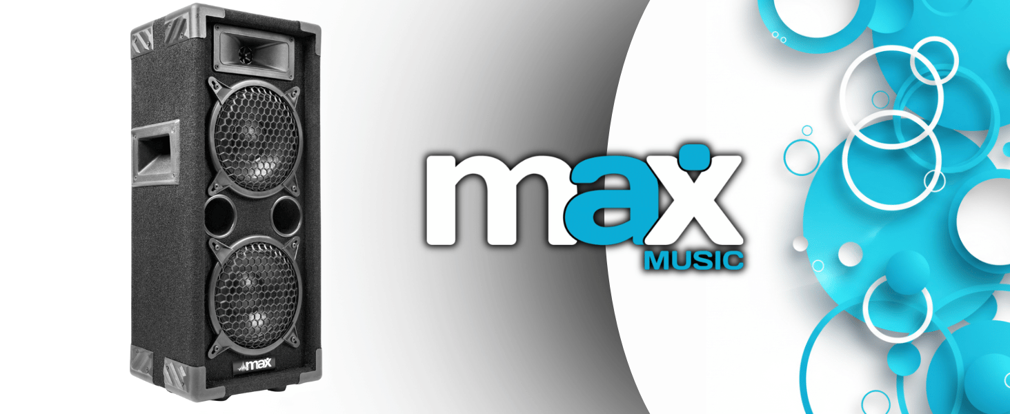 Text reads 'max Master'. Black portable dual-speaker sound system with large woofers displayed alongside max Master branding logo on blue bubble background.