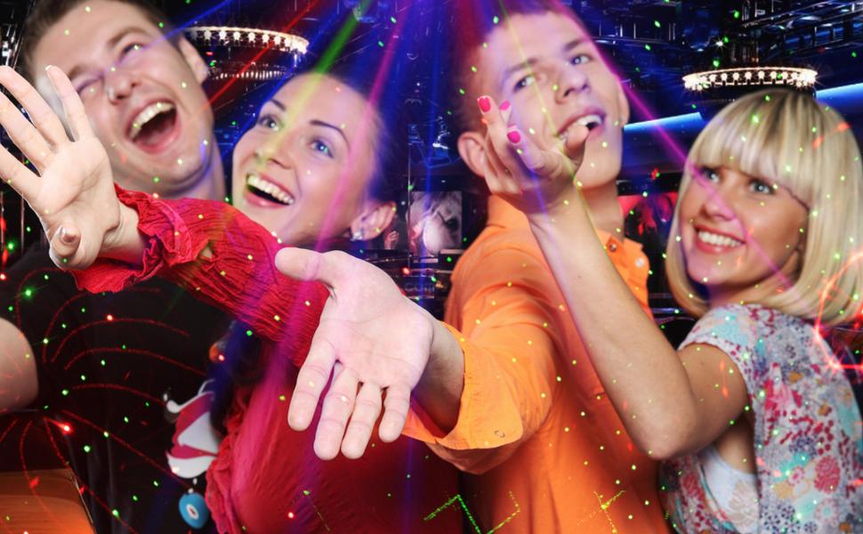 Nightclub scene with colorful disco lights and confetti, showing people dancing and celebrating in vibrant party atmosphere.