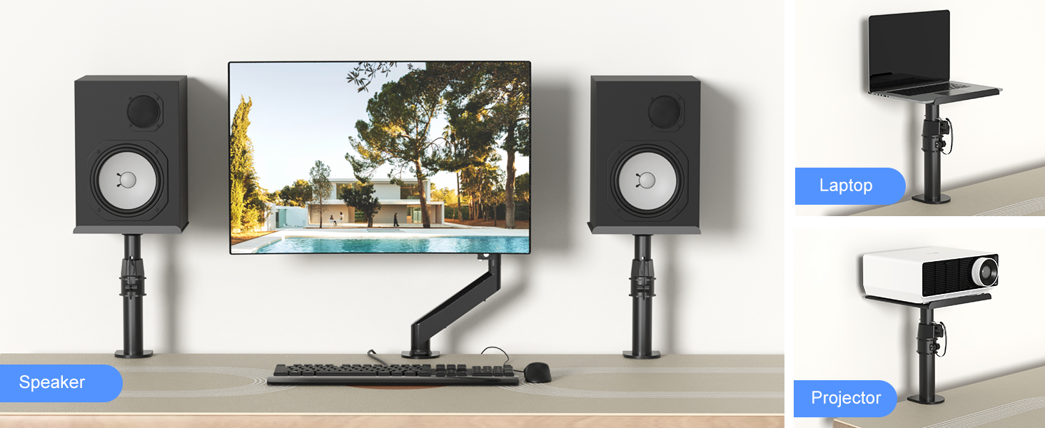 Desktop monitor mount setup with dual speaker stands and additional mounting arms for laptop and projector, shown against white wall.