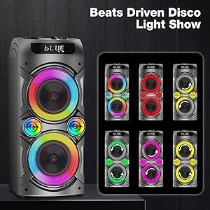 Portable speaker with dual illuminated drivers showing rainbow LED light effects. Display shows multiple color pattern options in six different modes.