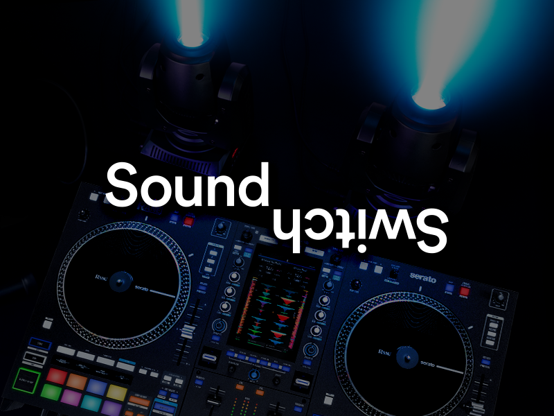 Text reads 'Sound'. Dark image showing illuminated DJ equipment or audio controls with blue lighting effects.