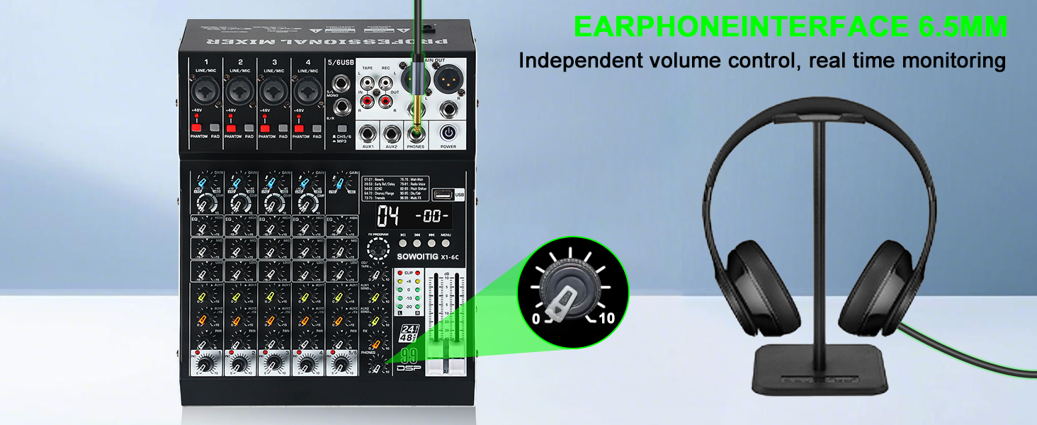Text reads: 'EAPHONEINTEFACE.COM', 'Independent volume control, real time monitoring'. Shows audio interface equipment with multiple control knobs and headphone connections.