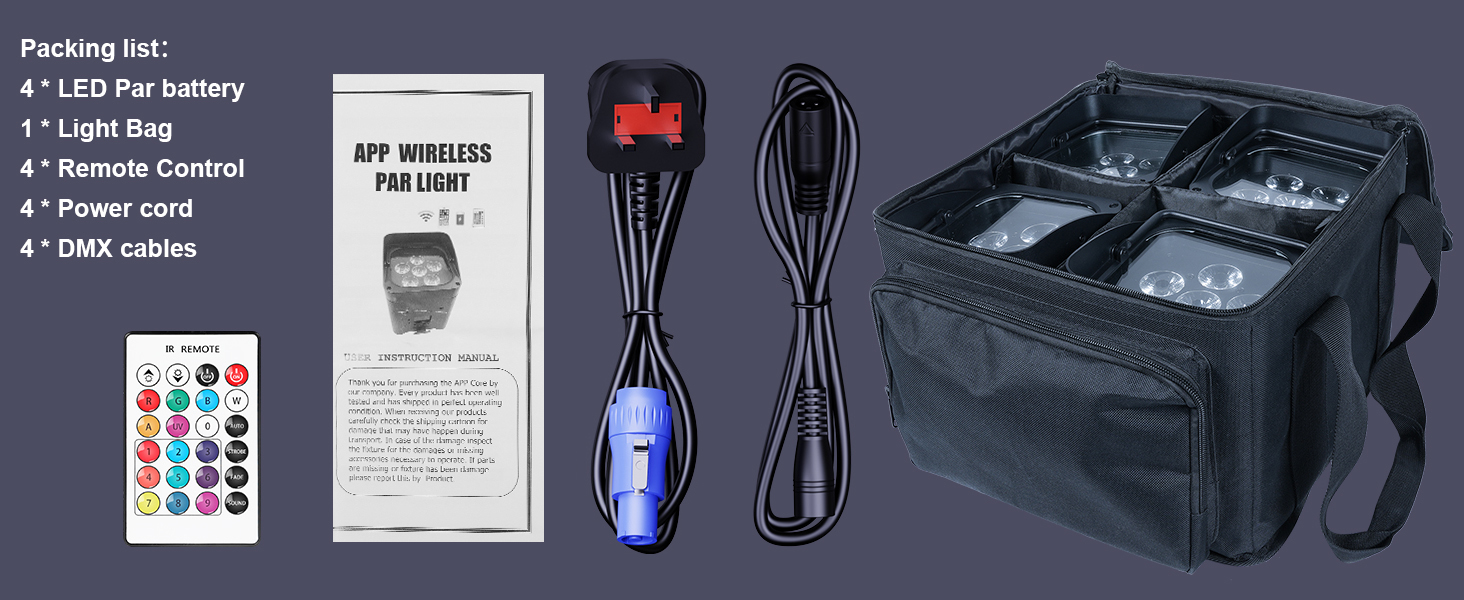 Wireless light kit package contents displayed: remote control, power cord, DMX cables, LED battery, light bag, and black carrying case.