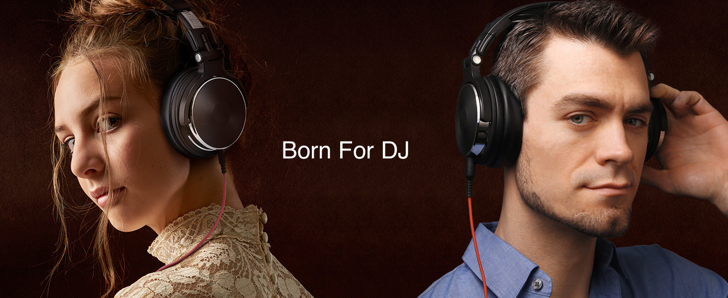 a man with headphones on and a woman with a red background