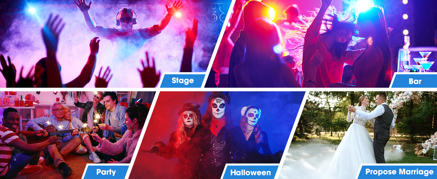 Concert or music festival scene showing crowd silhouettes with dramatic multicolored lighting effects in purple, blue and red.