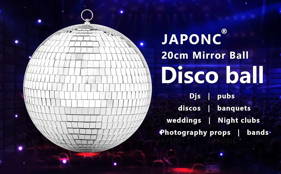 JAPONC 20cm mirror disco ball. Reflective surface with small square mirrors. Text lists various uses including clubs, weddings, and photography props.