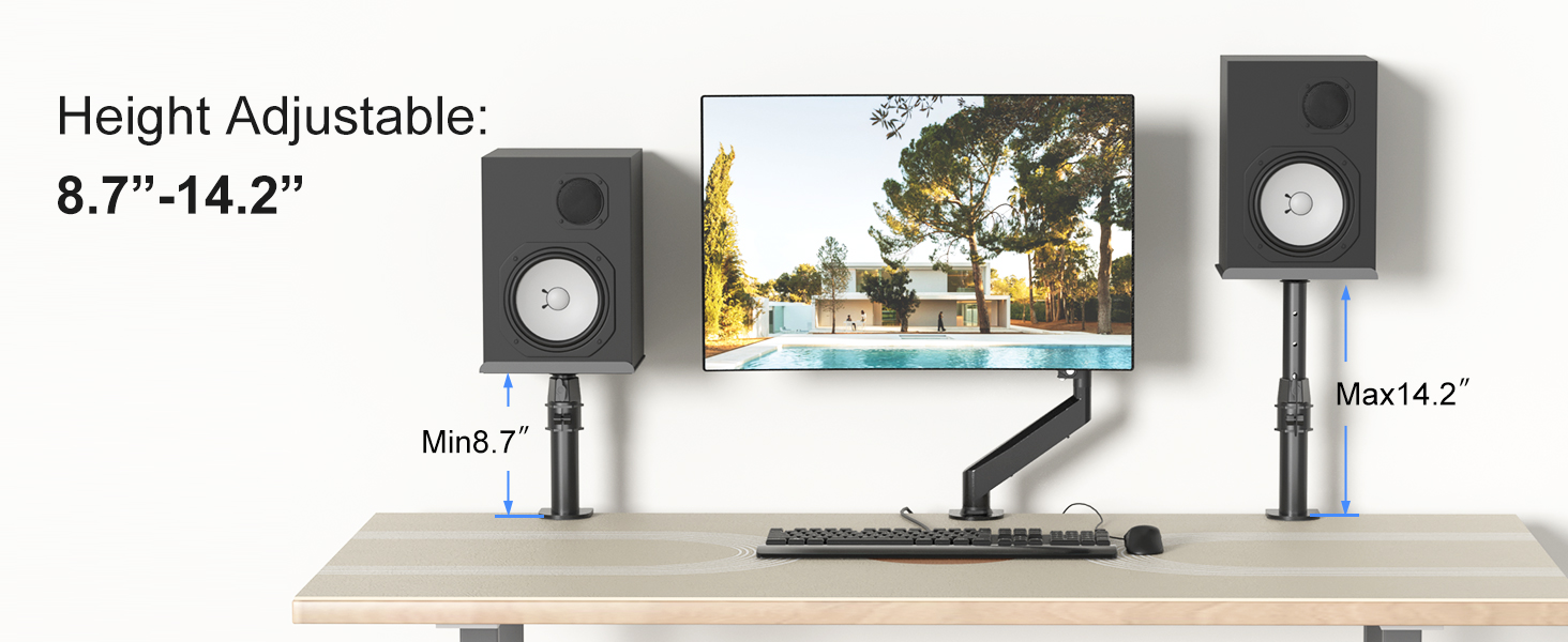 Height-adjustable monitor and speaker stands shown on wooden desk. Dual mounting system ranges from 8.7