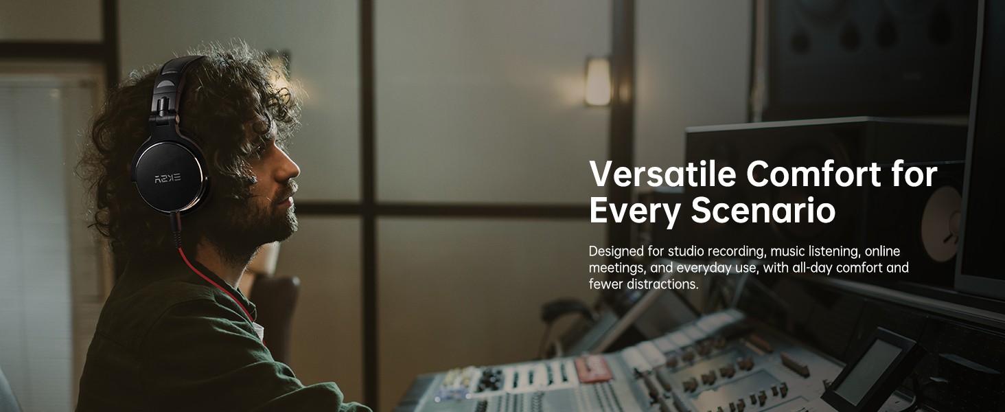 Text reads 'Versatile Comfort for Every Scenario'. Person wearing headphones in indoor setting with dramatic lighting.