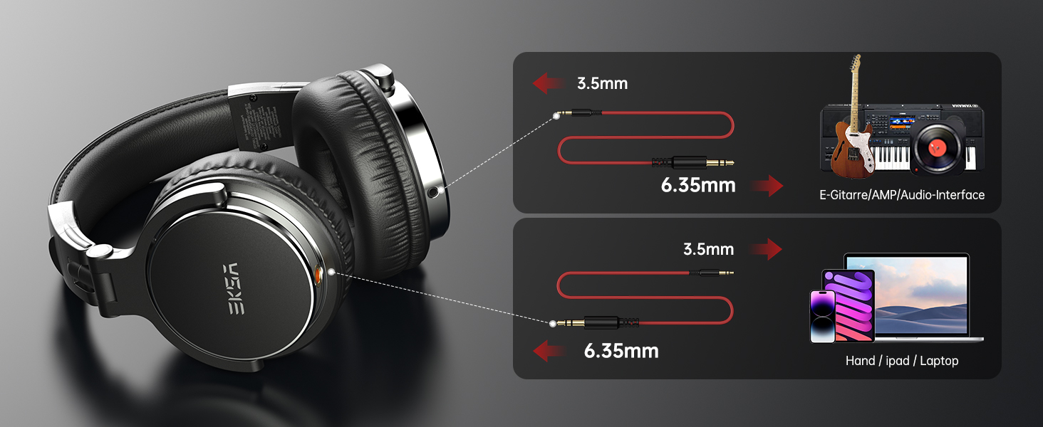 Text reads '4.3cm', '6.3mm', '5.5cm', '6.35mm' with measurement callouts. Black over-ear headphones shown from side angle with internal measurement specifications and colorful technology interface illustrations.