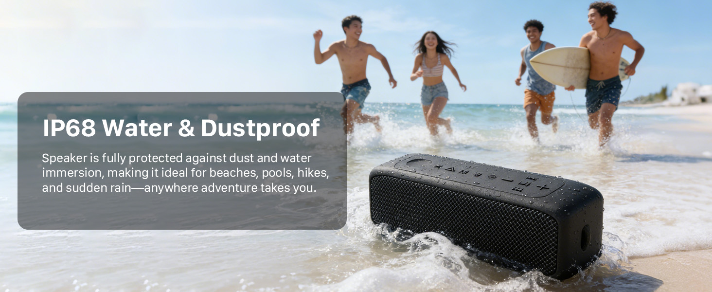 Text reads 'IP68 Water &amp; Dustproof'. Beach scene with people enjoying water activities, demonstrating waterproof product features.