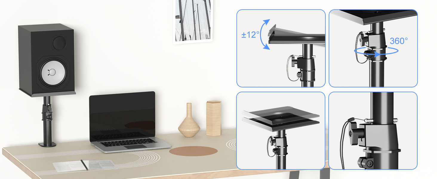 Adjustable monitor arm with 360-degree rotation and height adjustment. Shown with laptop, speaker, and desk setup.