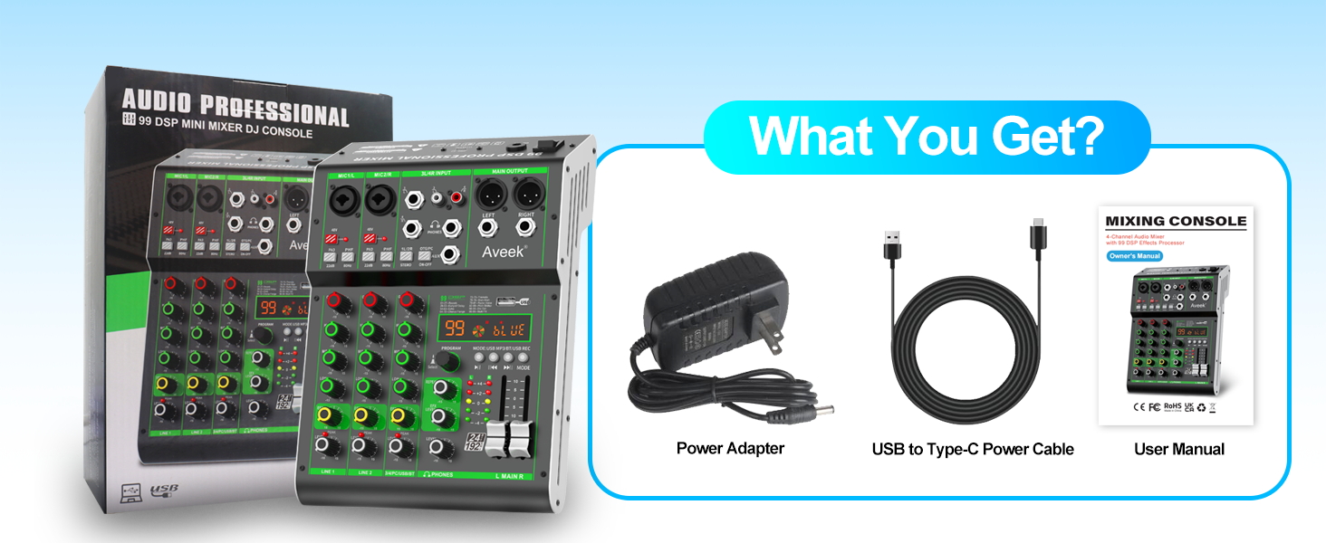 Audio mixing console product package showing included items: main controller unit, power adapter, USB cable, and manual.