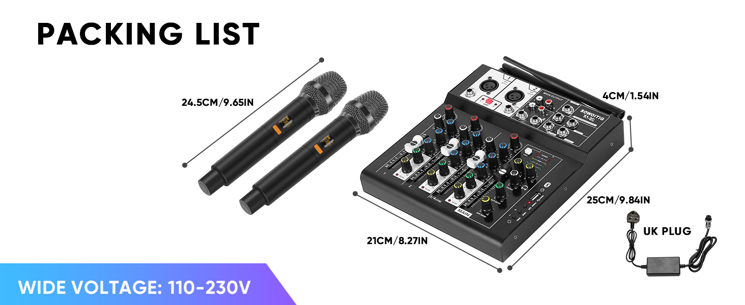 Text reads 'PACKING LIST' and 'WIDE VOLTAGE: 110-220V'. Product components and accessories layout showing various electronic parts and cables.