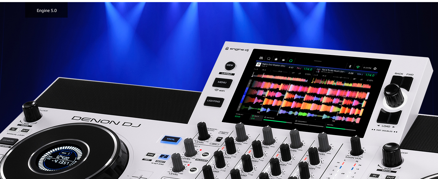 DJ equipment setup featuring turntable on left, central digital controller with illuminated grid display, mixer controls, and headphones. Professional audio production workspace.