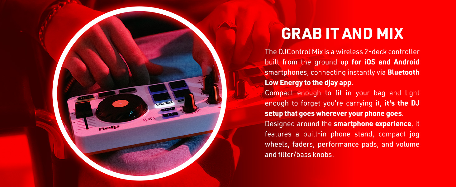 Text reads 'GRAB IT AND MIX' with additional marketing copy. Circular neon-red illuminated view of compartmentalized storage containing various tools and organizational items.