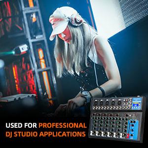 Professional DJ equipment against blue lighting with text indicating studio application use