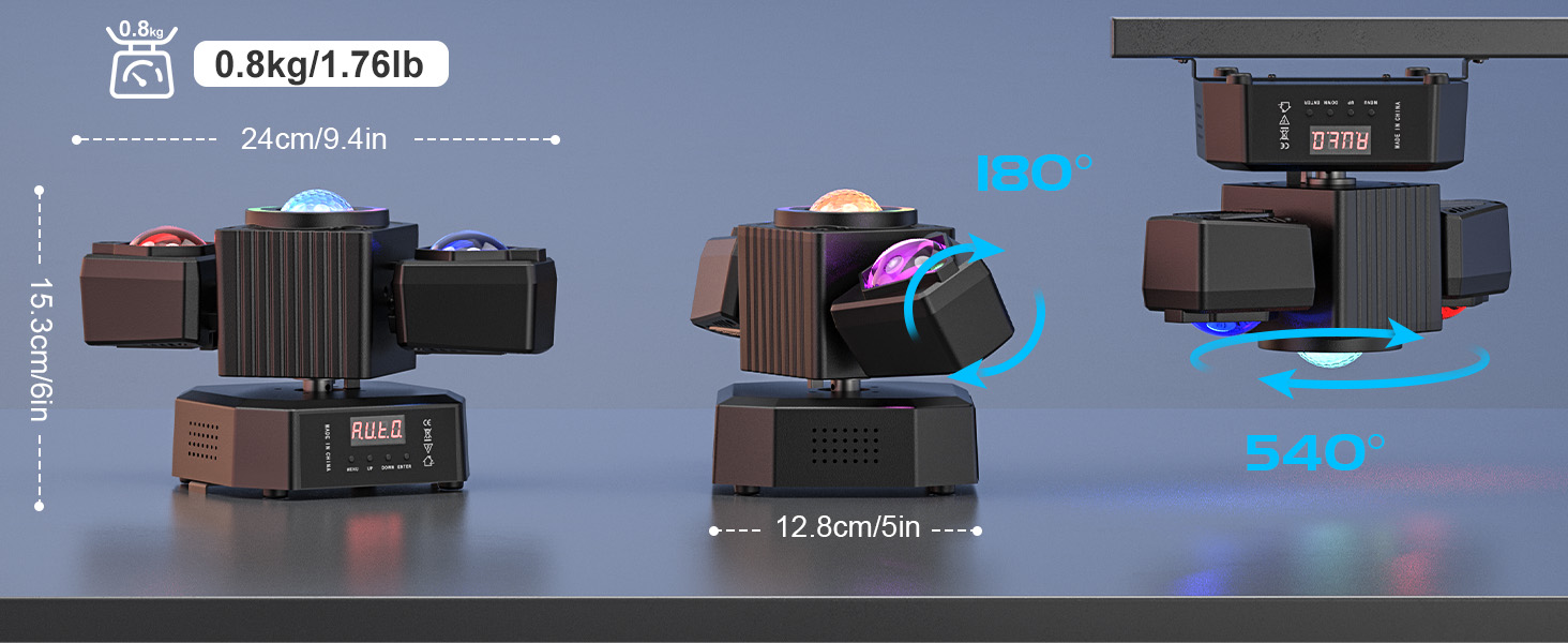 Text reads '0.8mp 17bit'. Product lineup showing multiple black electronic devices with blue lighting effects against dark background.