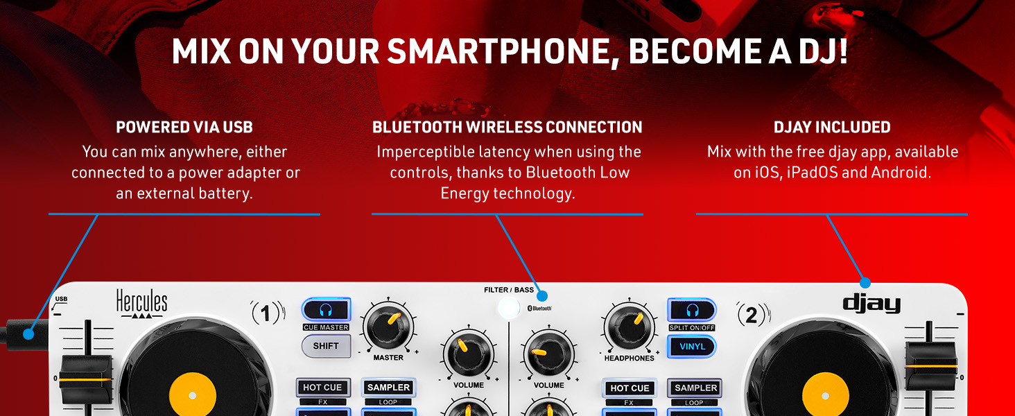 Text reads "MIX ON YOUR SMARTPHONE, BECOME A DJ!", "WIRELESS PORTABLE", "BLUETOOTH WIRELESS CONNECTOR", "JUST PLUG AND". Red promotional banner showing DJ mixing equipment and turntables for smartphone connectivity.