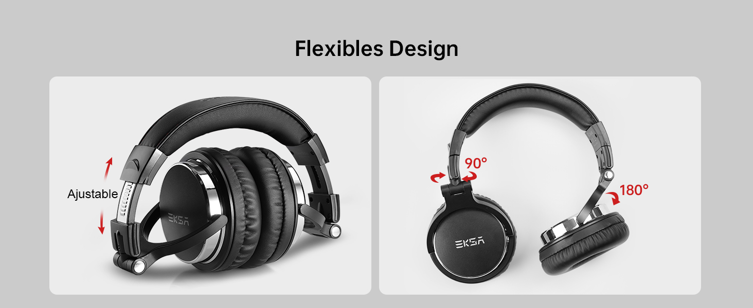 Text reads 'Flexibles Design'. Two headphone models displayed side-by-side showing over-ear wireless headphones with adjustable headbands and 90-degree rotating ear cups demonstrating flexible design features.