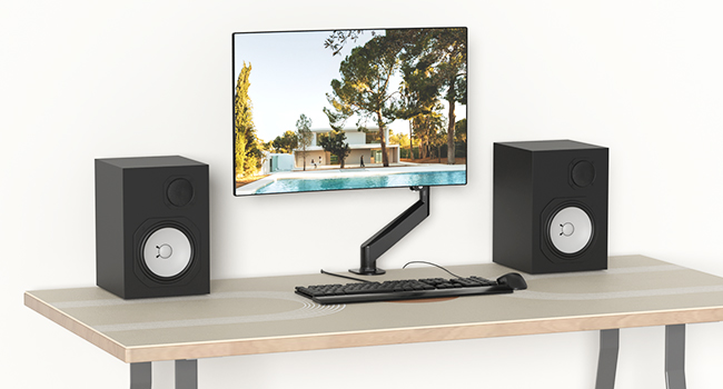 Desktop setup with flat-screen monitor on adjustable arm, two black speakers, and keyboard on light wood surface.