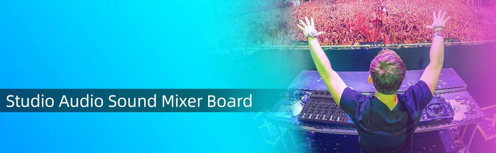 Audio sound mixer board with multiple channels and controls, shown in front of a DJ or performer with raised arms facing a colorful, energetic crowd.