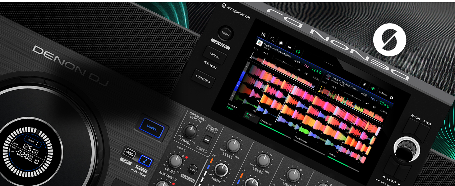 DJ equipment control panel featuring colorful RGB light display, knobs, sliders, and circular interface elements on black carbon fiber surface.