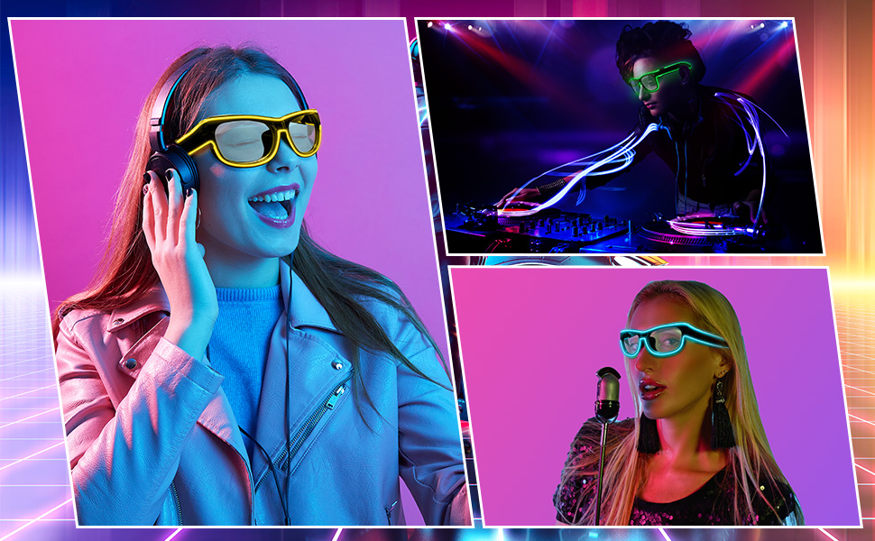 a group of people wearing glasses and having fun at night.