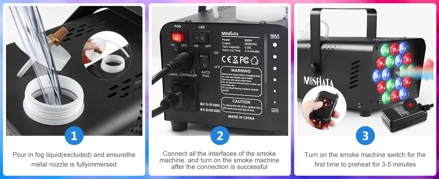 Three product images showing DJ equipment: a mixing station with controls, rear panel with various inputs/outputs, and a light effect machine with colorful beams.