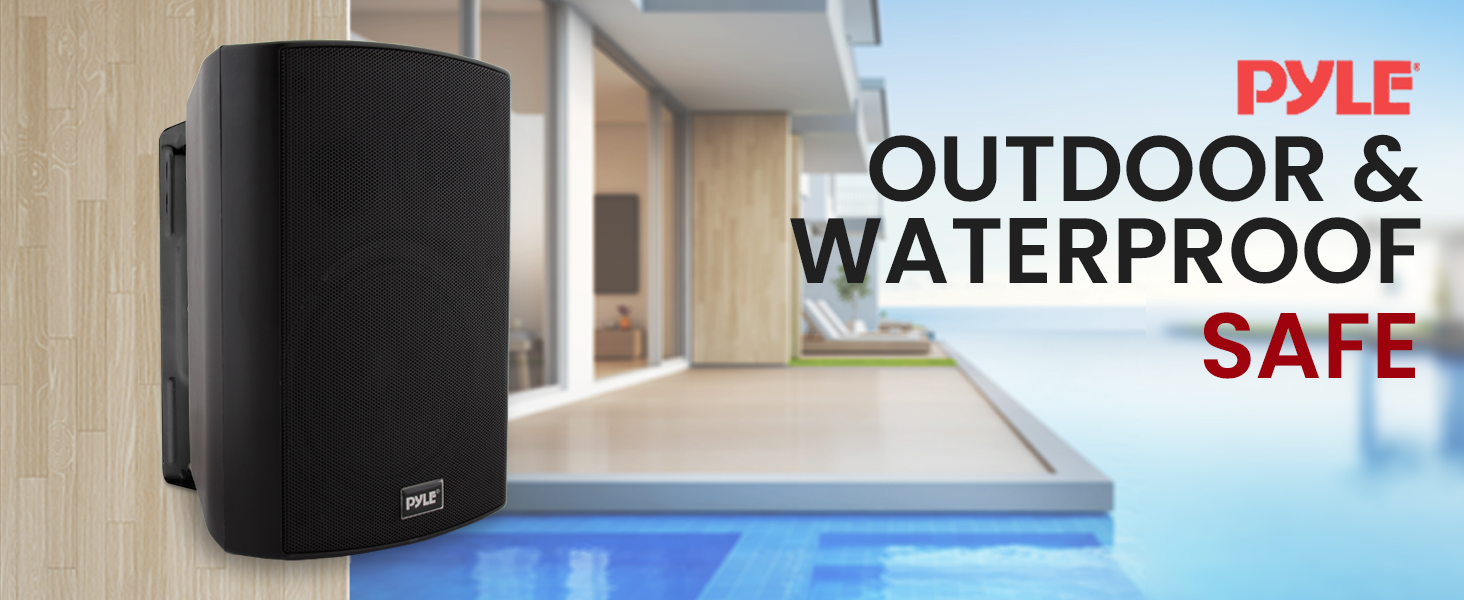 Text reads 'OUTDOOR &amp; WATERPROOF SAFE'. Black wall-mounted speaker shown with PYLE branding against blue pool background.