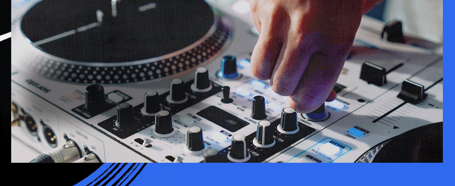 Close-up shots of audio mixing equipment or DJ controller, showing knobs, faders, and blue LED lighting.
