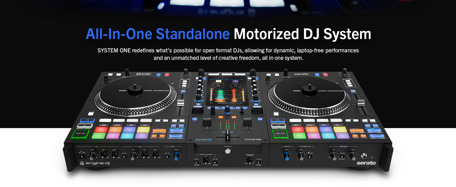 Text reads 'All-In-One Standalone Motorized DJ System'. Professional DJ controller unit shown from multiple angles against black background.