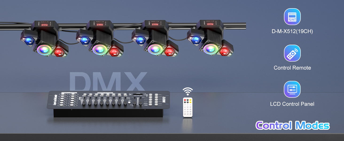 Text reads 'DMX' and 'Control Monitor'. Professional lighting control system with multiple red spotlights mounted on track, featuring interface icons for DMX and settings controls.