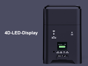 Black electronic device with 4D-LED display panel, featuring control buttons and a small green LED indicator screen.