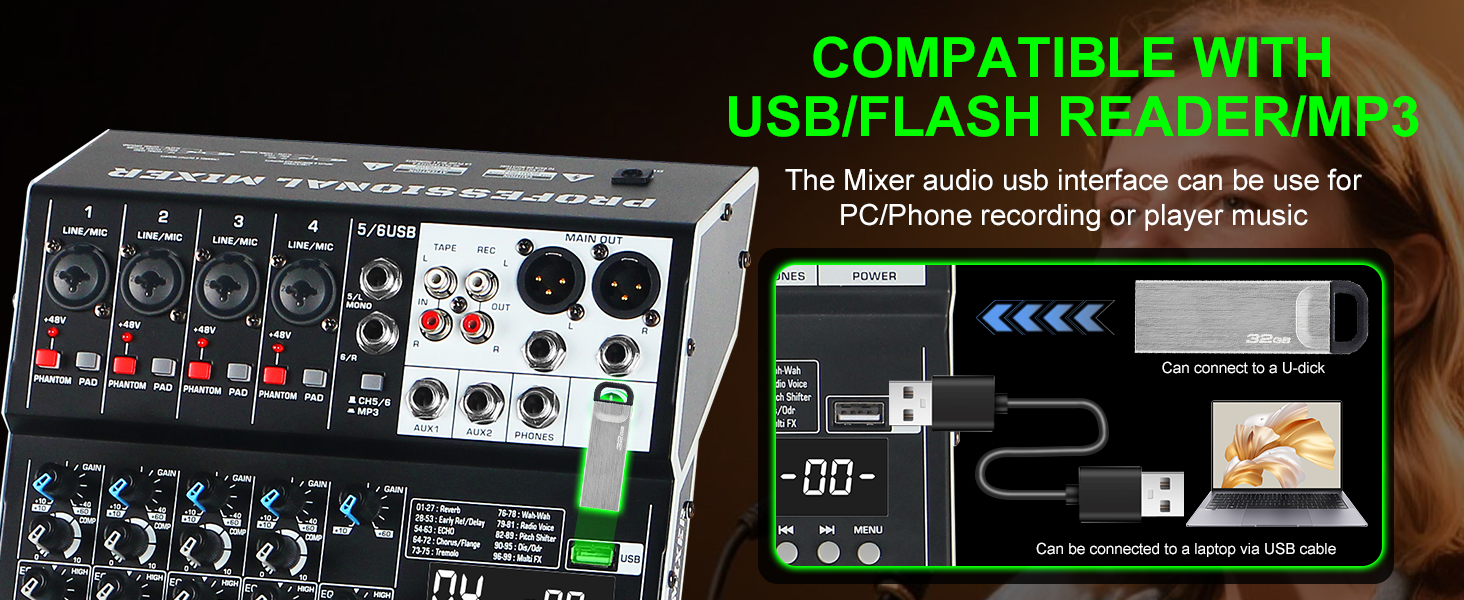 Text reads 'COMPATIBLE WITH', 'USB/FLASH READER/MP3'. Audio mixer interface with multiple control knobs, LED display, and input/output ports against black background.