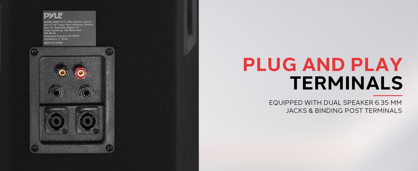 Text reads 'PLUG AND PLAY TERMINALS'. Multiple electrical connection ports and terminals shown in various angles against dark and light backgrounds.