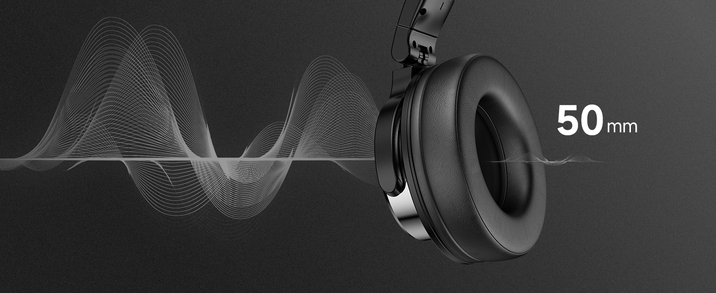 Technical illustration showing 50mm headphone driver with sound wave visualization in black and white, emphasizing audio engineering details.