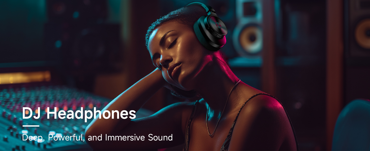 Text reads 'DJ Headphones' and 'Pro Audio and Immersive Sound'. Man wearing over-ear headphones in professional studio setting with warm lighting.