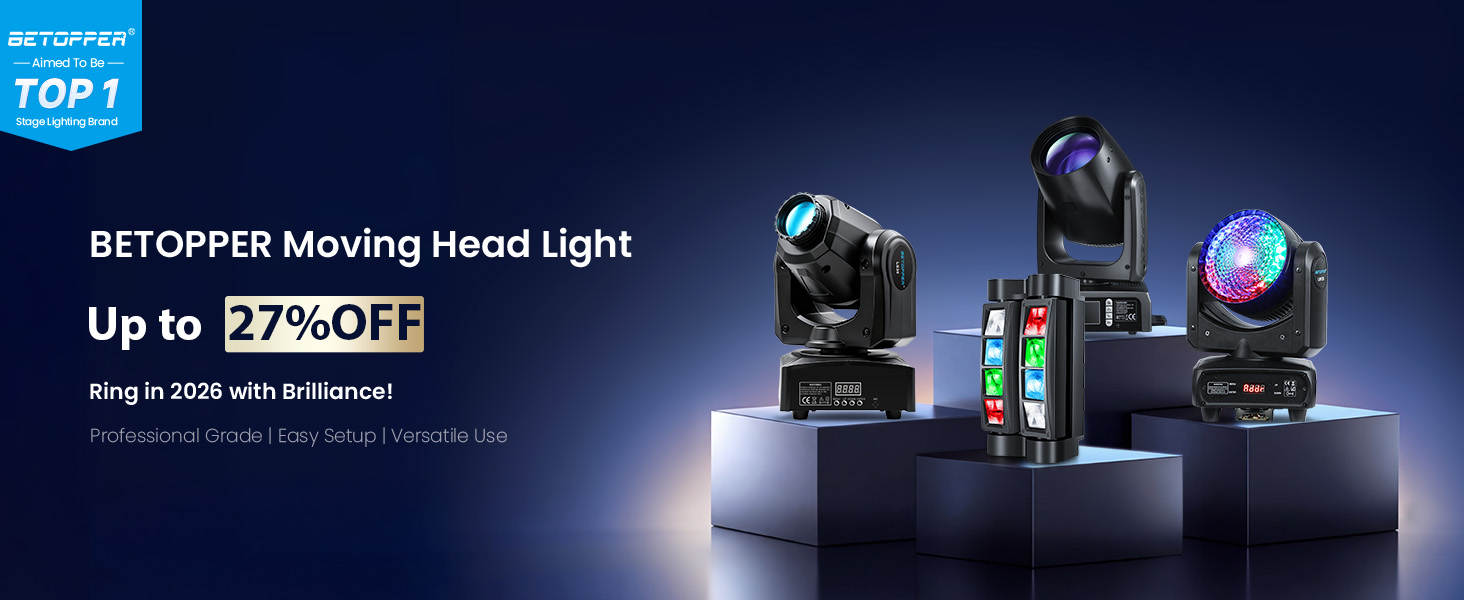 Text reads 'BETOPPER Moving Head Light' and 'Up to 27% OFF.' Stage lighting equipment displayed against dark background with blue accent lighting.