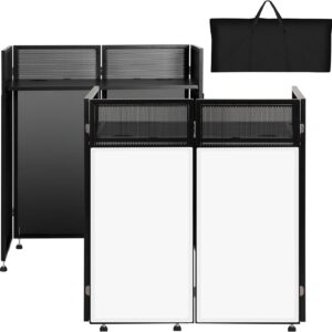 SMONTER Portable DJ Booth 41″L x 20″W DJ Facade with White & Black Scrim, Foldable DJ Table Station with Adjustable Feet for Party, Black Metal Frame