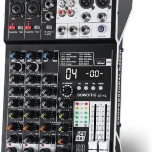 Audio Mixer 4 Channel Professional Sound Mixer Console with 99DSP Effects, Small Mixing Board DJ Mixer w/USB, Bluetooth, 48V Power Supply, PAD Button for Recording Karaoke PA Drum Live Music