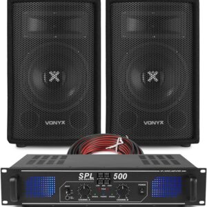 VONYX 8-inch Passive PA Speaker Kit with Skytec DJ Amplifier, Complete DJ Sound System with 1.5m RCA-3.5mm Audio Lead & 10m Speaker Cable, Ideal for Live Events, DJs, Parties, and Venues