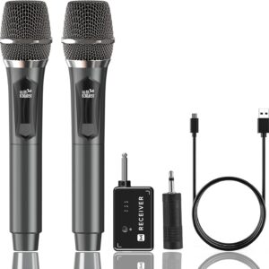 Microphone Wireless, Dual Handheld Cordless Microphone System with Rechargeable Receiver, 50H Duration, 200ft Range, Karaoke Microphones for Singing, Wedding, DJ, Party, Speech, YouTube (Grey)