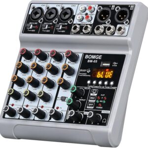 BOMGE Audio Mixer, Sound Board Mixing Console with 5 Channel Digital USB Bluetooth Echo Delay Effect, 48V Phantom Power Stereo DJ Mixers for Recording, Live Streaming, Podcasting