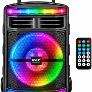 Pyle Portable Bluetooth PA Speaker System – 600W Bluetooth Speaker Portable PA System w/Rechargeable Battery 1/4″ Microphone In, Party Lights, MP3/USB SD Card Reader, Rolling Wheels