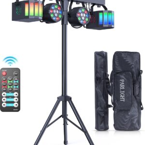 60W DJ Light Set with Stand, Bag and Remote Control, RGBW Derby LED Par Party Lights DMX- 3/6/15CH Strobe Stage Lighting for Churches Concerts Weddings Birthday KTV Halloween